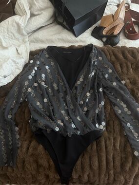 Zara Black Sequin Wrap Bodysuit Top - Women